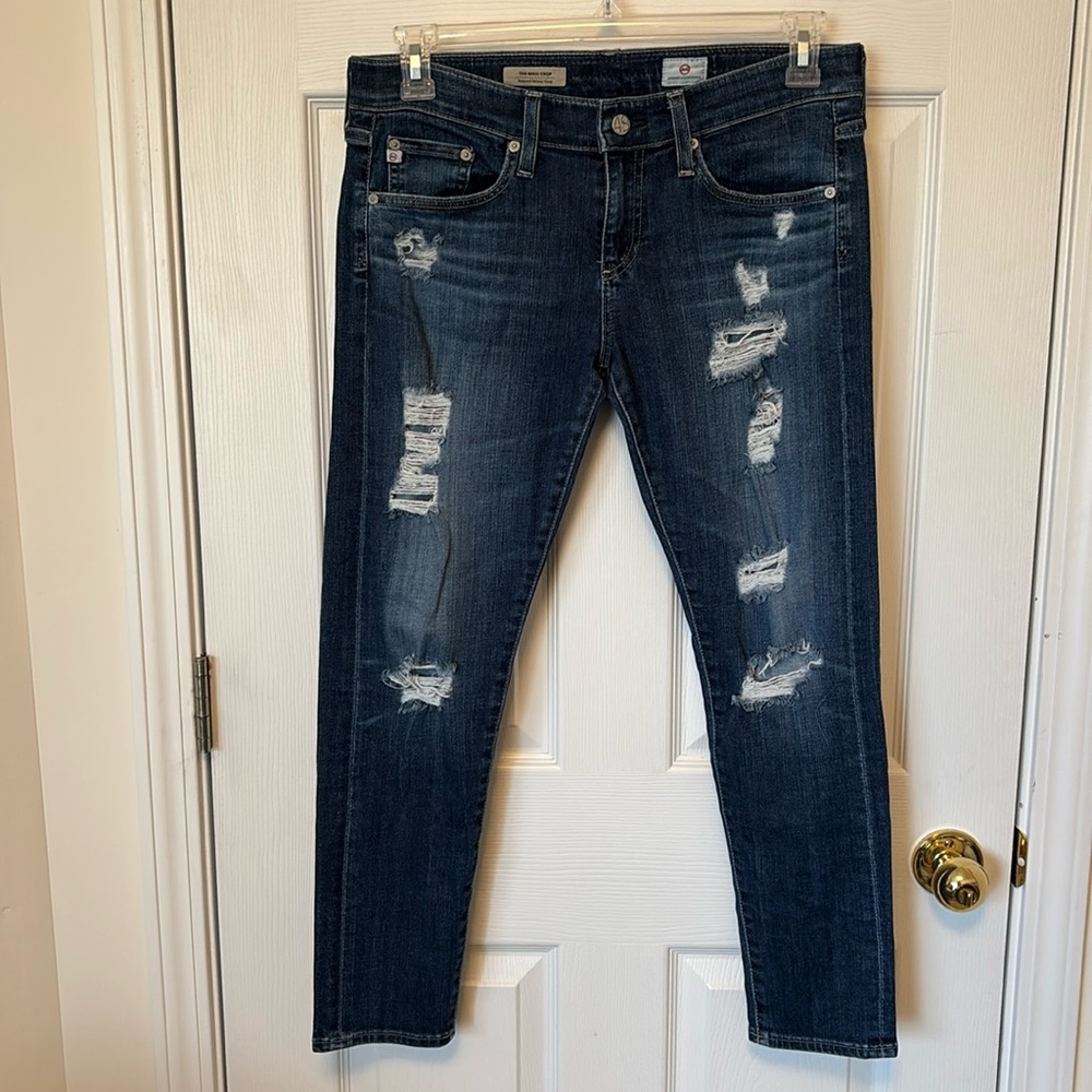 AG Adriano Goldschmied Nikki Relaxed Skinny Crop Dark Wash Distressed Jeans - 27